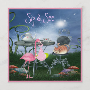 Wonderland Flamingo Sip och See Girl Baby Shower Inbjudningar