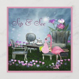 Wonderland Flamingo Sip och See Girl Baby Shower Inbjudningar