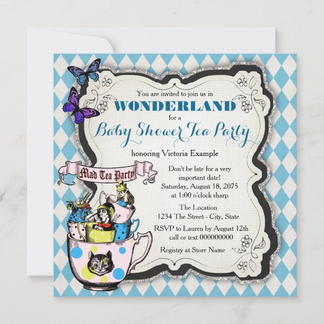 Wonderland Mad Hatter Tea Party Baby Shower Inbjudningar (Framsida)