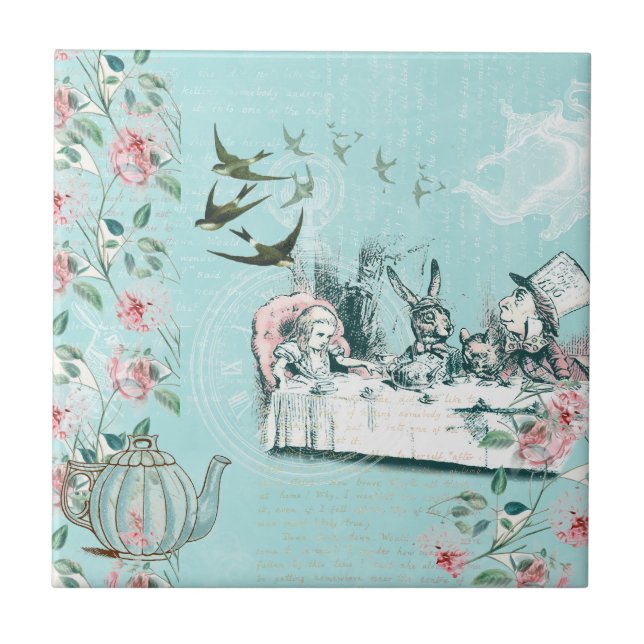 Wonderland Mad Tea Party Aqua Rosa Ceramic Tile Kakelplatta (Framsidan)