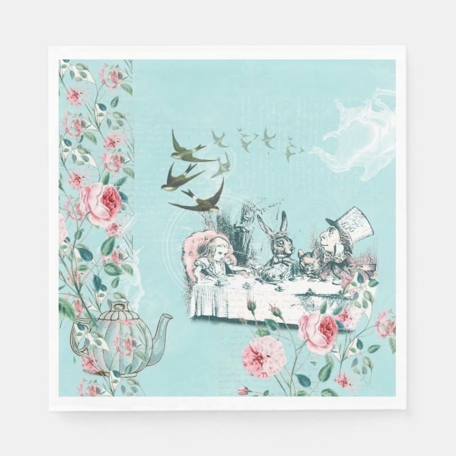 Wonderland Mad Tea Party Aqua Rosa Napkin Pappersservett (Framsidan)