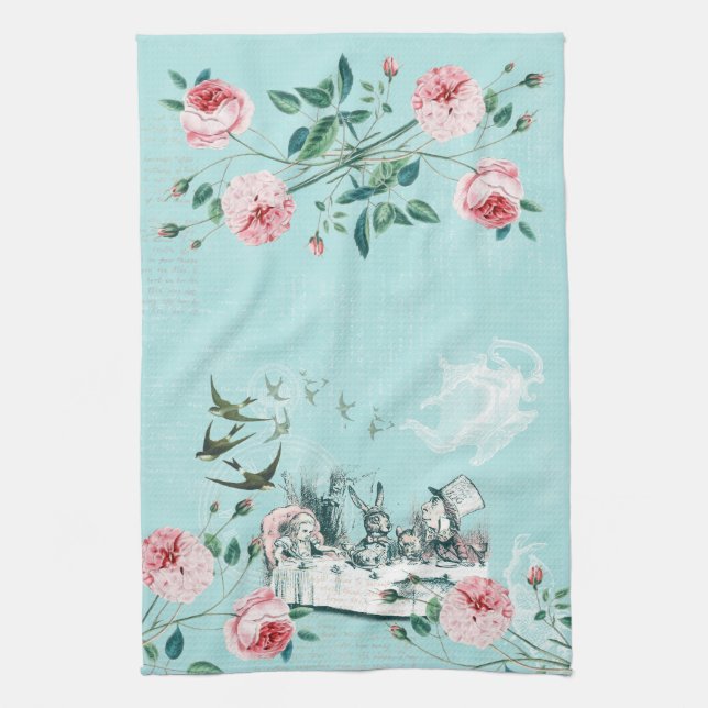 Wonderland Mad Tea Party Aqua Rosa Tea Towel Kökshandduk (Vertikal)
