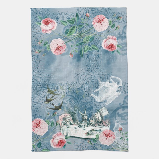 Wonderland Mad Tea Party Blue Rosa Tea Towel Kökshandduk (Vertikal)