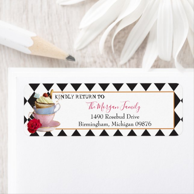 Wonderland Mad Tea Party Tea Kopp Adress Returadress Etikett (Insitu)