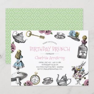 Wonderland Rosa and Grönt Birthday Brunch Inbjudningar
