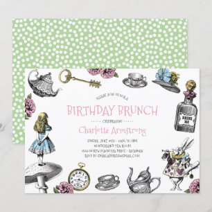 Wonderland Rosa and Grönt Birthday Brunch Inbjudningar