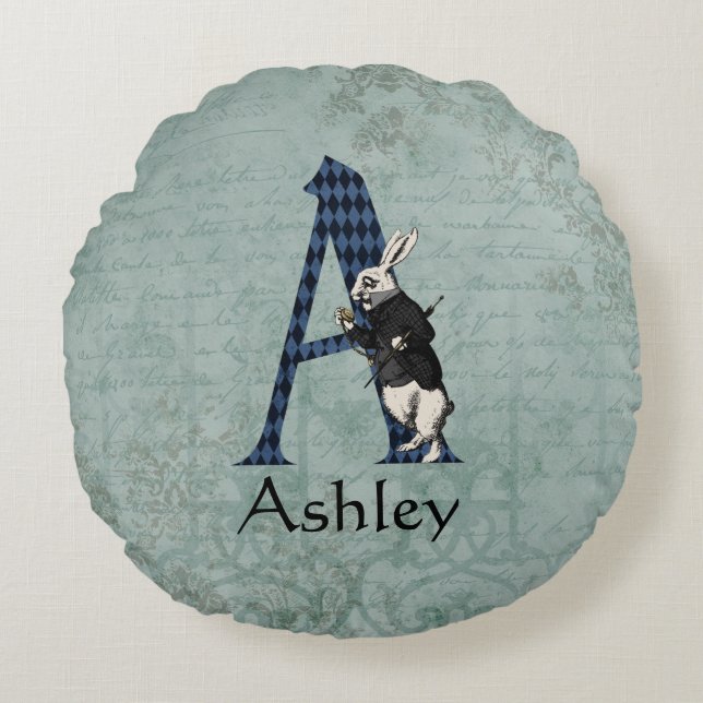 Wonderland White Rabbit Brev A Rund Kudde (Framsidan)