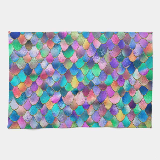 Wonky Rainbow Glitter Metall Sjöjungfru Scales Kökshandduk (Horisontell)