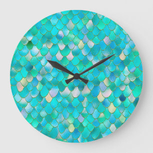 Wonky Watercolor Teal Glitter Metall Sjöjungfru Sc Stor Klocka