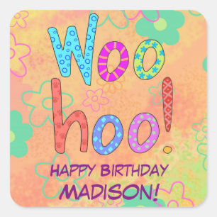 Woo Hoo Orange Ord Art Birthday Namn Personlig Fyrkantigt Klistermärke