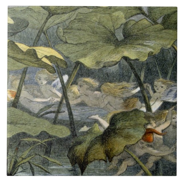 Wood älvor på lek, illustration från 'i Fairylan Kakelplatta (Framsidan)