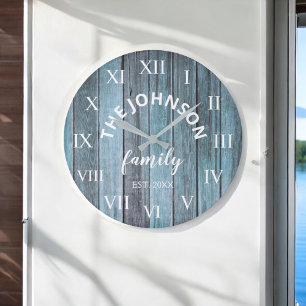 Wood Anpassningsbar Family Namn Rustic Beach Stor Klocka