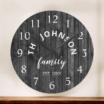 Wood Anpassningsbar Family Namn Rustic Farmhouse Rund Klocka<br><div class="desc">Grått (grått)-trästallets stil-väggklocka är perfekt för ditt land-husköks. Anpassa med din familj namn och skapa ett år för en unik födelsedagspresent och julklapp på personligen.</div>