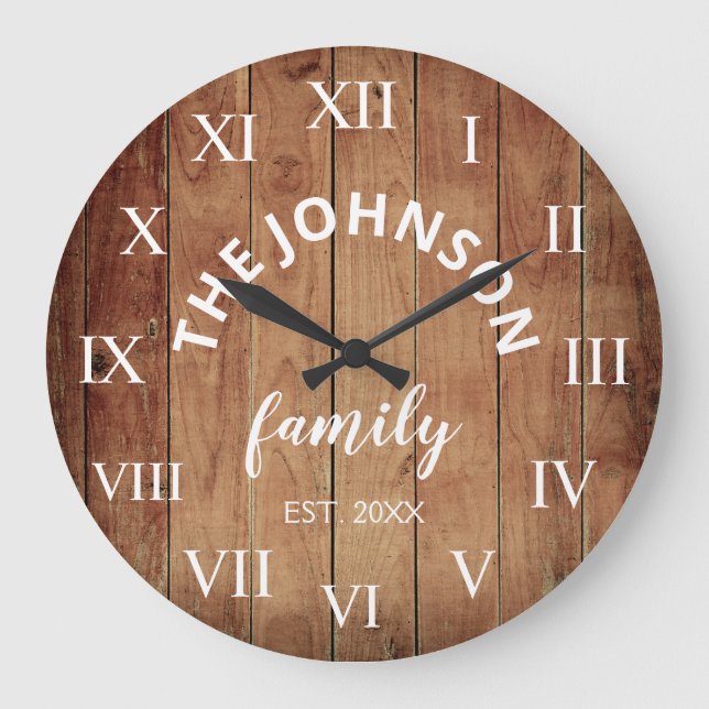 Wood Anpassningsbar Family Namn Rustic Farmhouse Stor Klocka (Framsida)