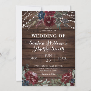 Wood Background Marsala Navy Flower Rustic Bröllop Inbjudningar