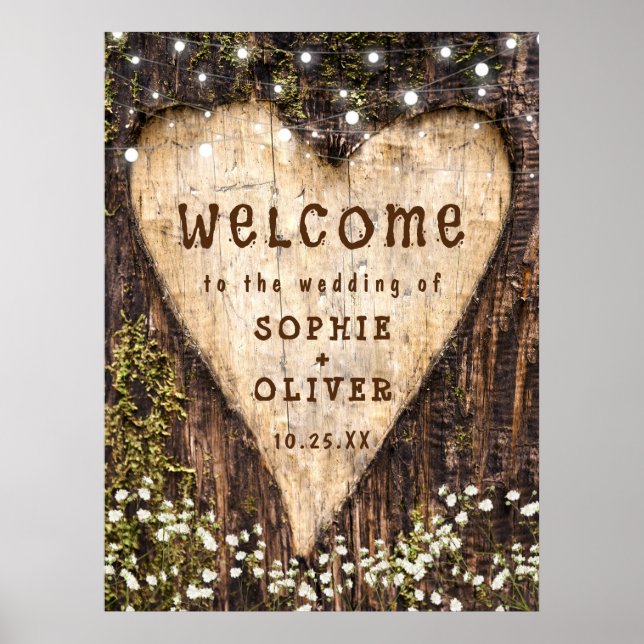 Wood Bark Heart Country Rustic WELCOME Wedding Poster (Framsidan)