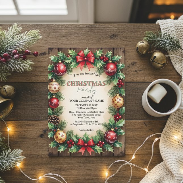 Wood Baubles Red Bow Corporate jul Party Inbjudningar (Skapare uppladdad)