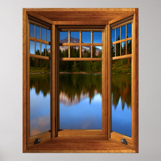 Wood Bay Window Illusion  Mountain Lake Reflection Poster (Framsidan)