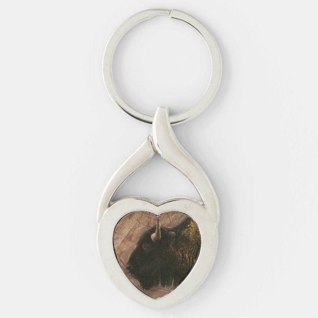 Wood Bison Buffalo Twisted Heart Silverfärgad Nyckelring (Framsidan)