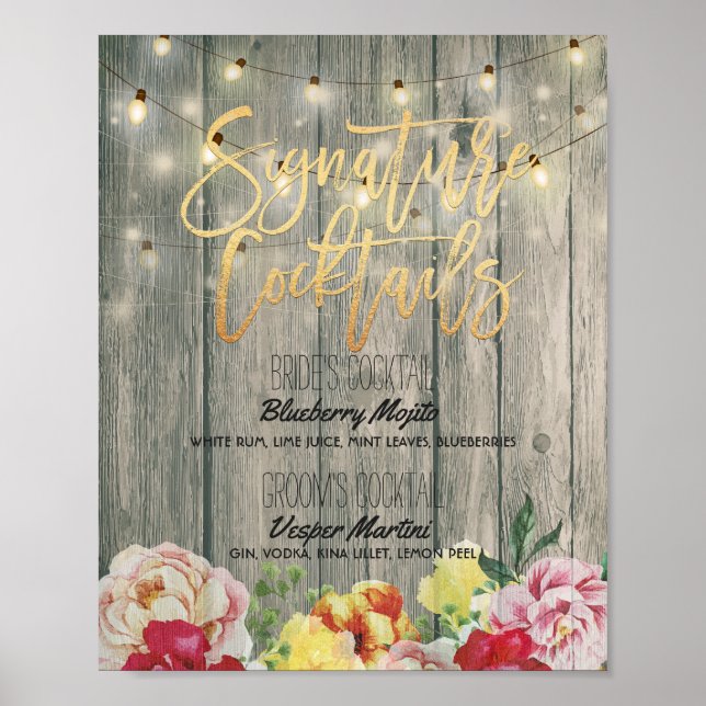 Wood Blommigt Bröllop Namnteckning Cocktail Drink  Poster (Framsidan)