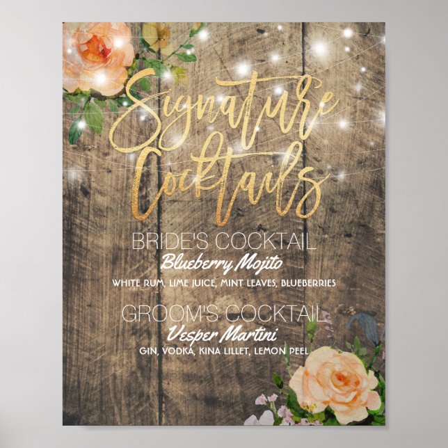 Wood Blommigt Bröllop Namnteckning Cocktail Drink  Poster (Framsidan)