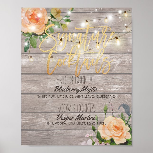 Wood Blommigt Bröllop Namnteckning Cocktail Drink  Poster (Framsidan)