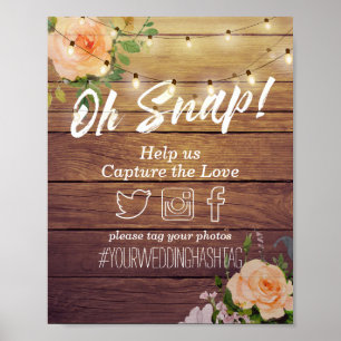 Wood Blommigt String Ljus Oh Snap Hashtag Bröllop Poster