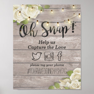 Wood Blommigt String Ljus Oh Snap Hashtag Bröllop Poster