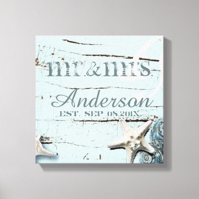 wood BLue Seashells Beach Wedding M. och Mrs. Canvastryck (Framsida)