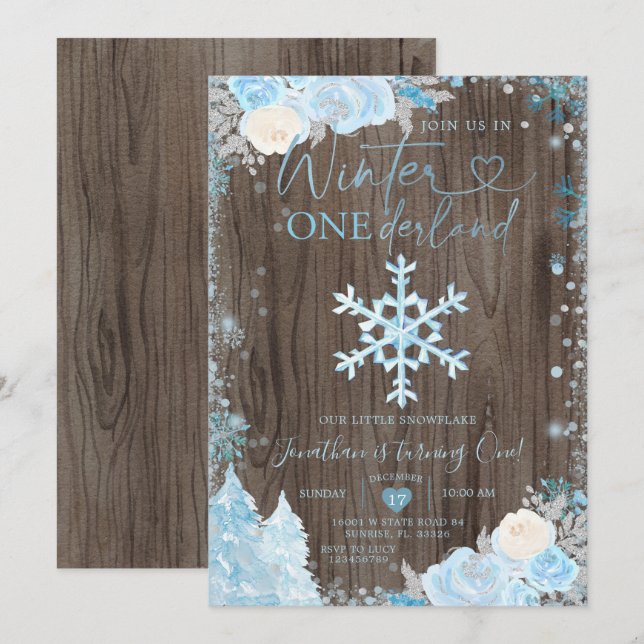 Wood Blue Winter Onederland Snowflake Birthday Inbjudningar (Fram/baksida)