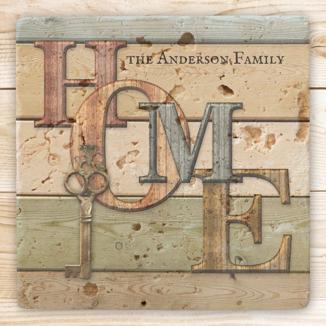 Wood Brev Home Nyckel Underlägg (Coasters featuring a modern wood design with the letters HOME and a key)