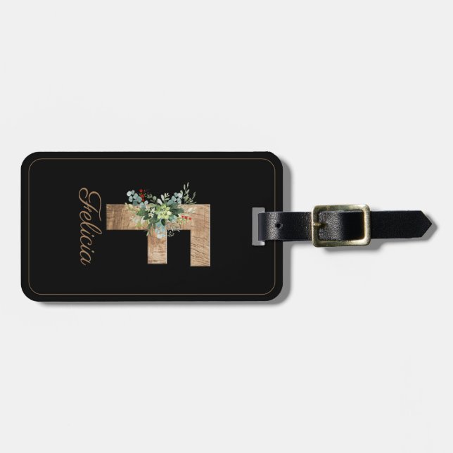 Wood brev monogram F Luggage Tag Bagagebricka (Horisontell Framsida)