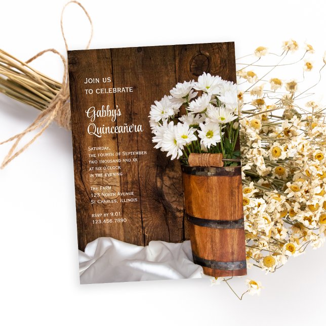 Wood Bucket White Daisys Quinceañera Barn Party Inbjudningar (Skapare uppladdad)