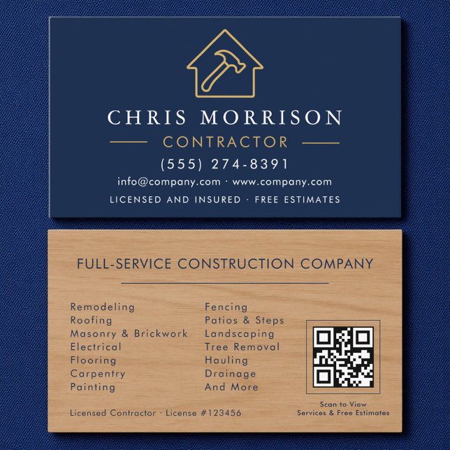 Wood Building Construction Navy Blue Gold QR Code Visitkort (Skapare uppladdad)