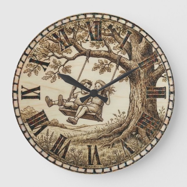 Wood Burned Swing Tree Wall Clock Stor Klocka (Framsida)