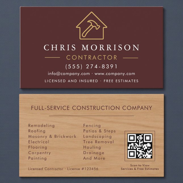 Wood Byggnad Construction Burgundy Guld QR-kod Visitkort (Skapare uppladdad)