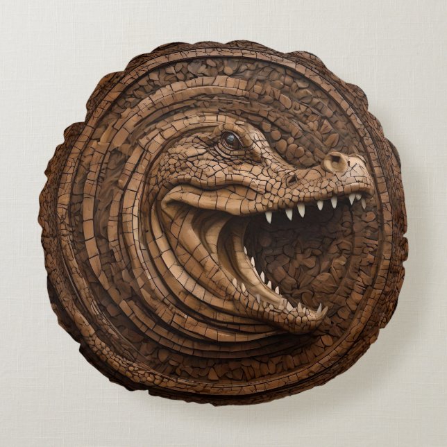Wood Carved Australian Crocodile Rund Kudde (Framsidan)