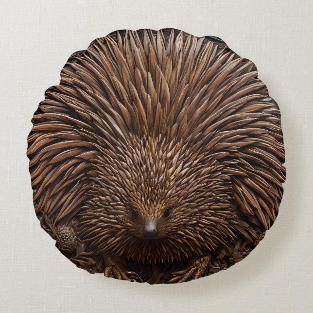 Wood Carved Australian Echidna Rund Kudde (Framsidan)