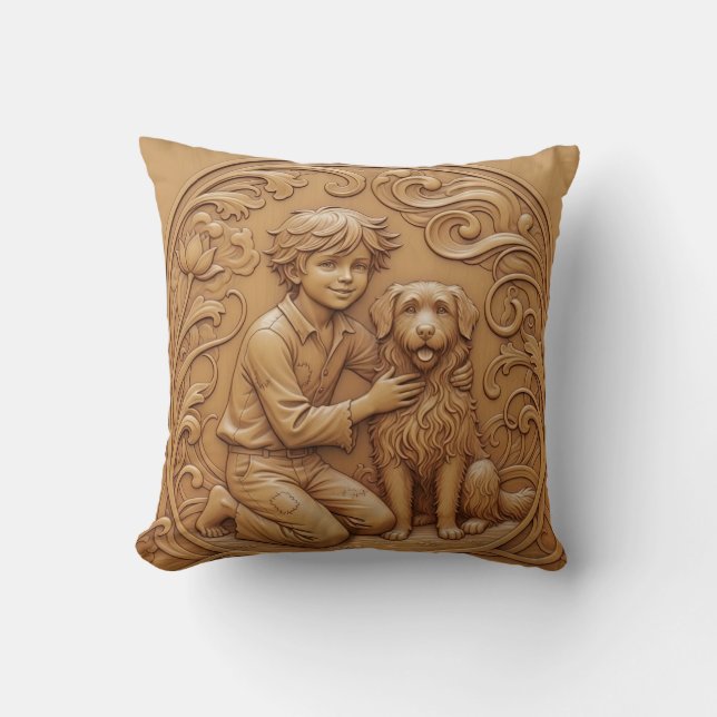 Wood carving effect Throw Cushion boy and dog Kudde (Framsida)