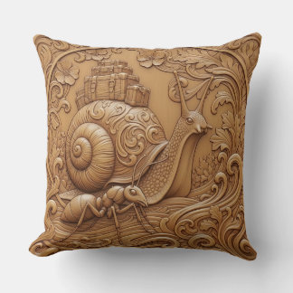 Wood carving effect Throw Cushion snail and ant Kudde