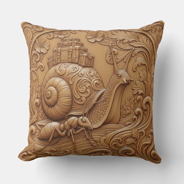 Wood carving effect Throw Cushion snail and ant Kudde (Framsida)