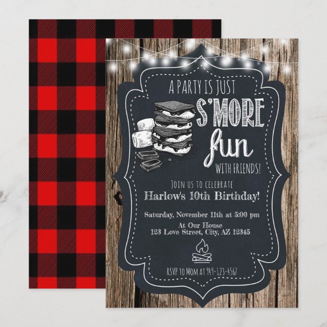 Wood Chalkboard Rustic S'mores Party Birthday Inbjudningar (Fram/baksida)