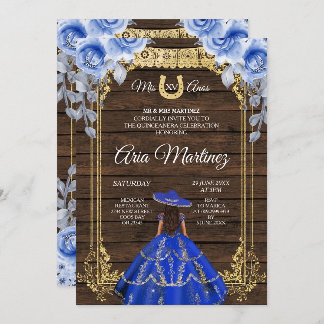 Wood Charro - Navy Ro Princess Mis Quince Inbjudningar (Fram/baksida)