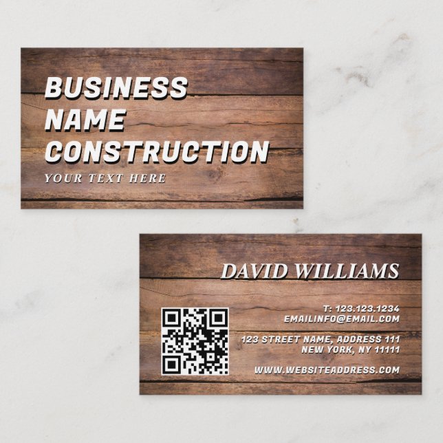 Wood Construction QR Code Bold Rustic Visitkort (Fram/baksida)