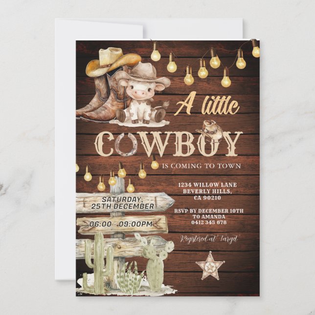 Wood Cowboy Boots & Cactus Baby Shower Inbjudningar (Framsida)