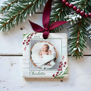 Wood Cranberry Foliage Baby Första julfoto Julgransprydnad Keramik