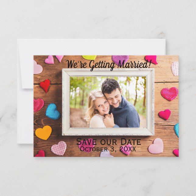 Wood Desk Ram - 3 x 5 Spara vårt datum Inbjudningar (Framsida)