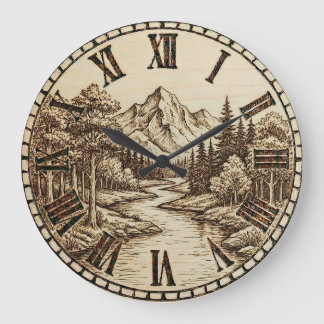 Wood Engraved Mountain River Wall Clock Stor Klocka