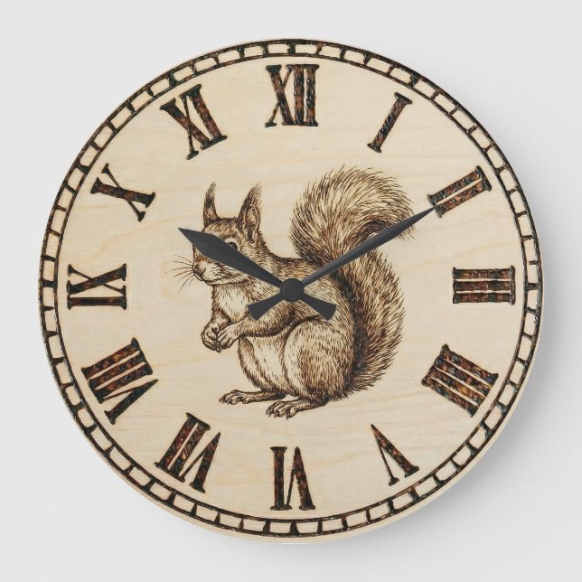 Wood Engraved Squirrel Wall Clock Stor Klocka (Framsida)