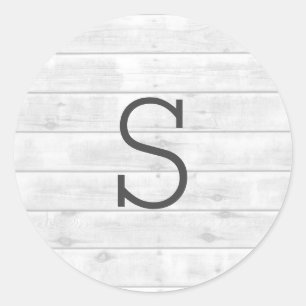 Wood Grain Rustic White Monogram Bröllop Sticker Runt Klistermärke